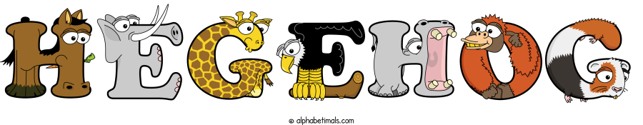 Hegehog animal word art spelling Hegehog with Alphabetimals - cartoon alphabet animals