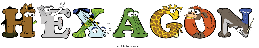 Hexagon animal word art spelling Hexagon with Alphabetimals - cartoon alphabet animals