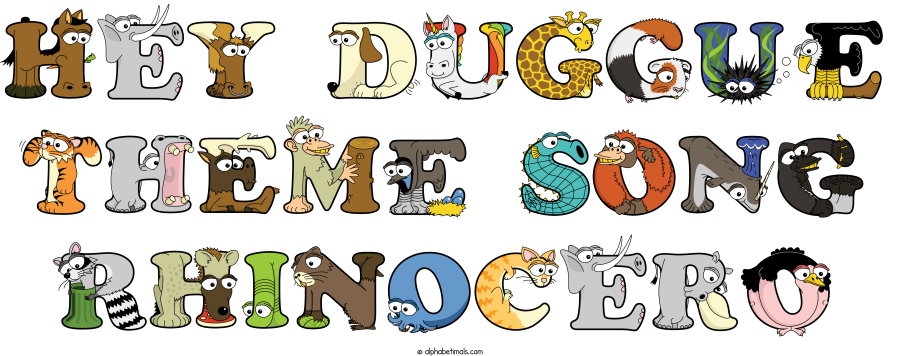 Hey Duggue Theme Song Rhinocero animal word art spelling Hey Duggue Theme Song Rhinocero with Alphabetimals - cartoon alphabet animals