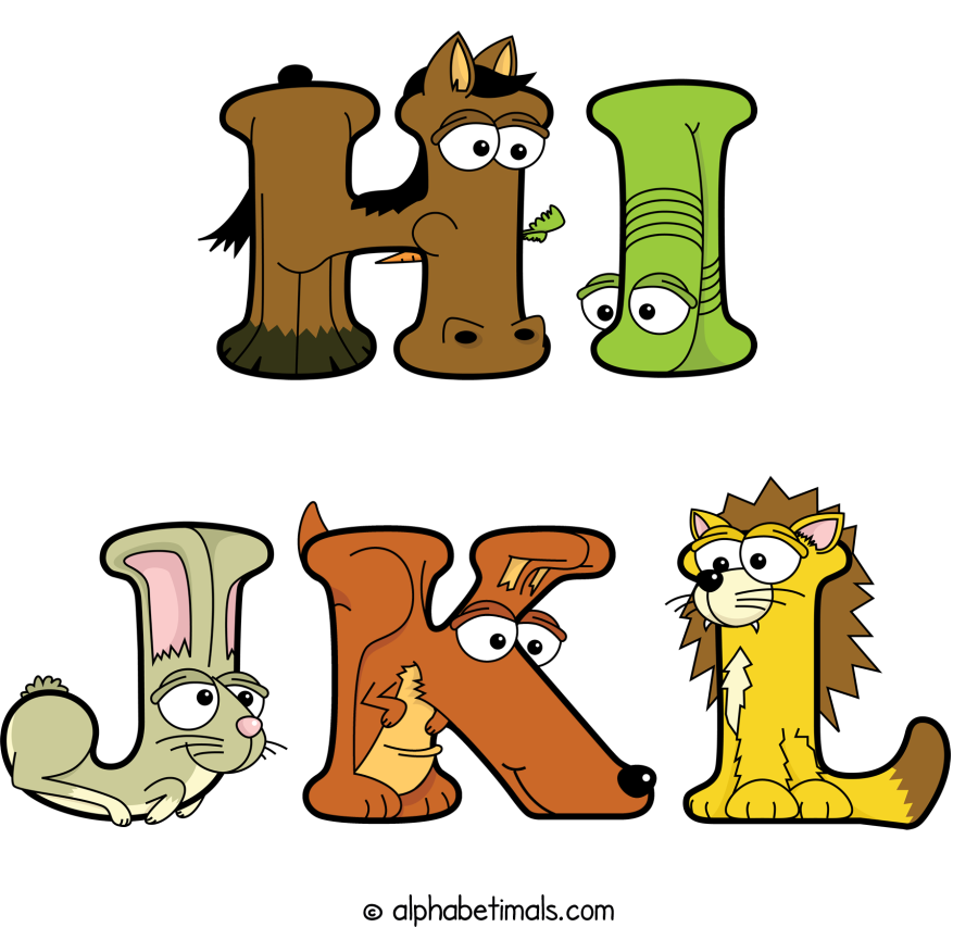 Hi Jkl animal word art spelling Hi Jkl with Alphabetimals - cartoon alphabet animals