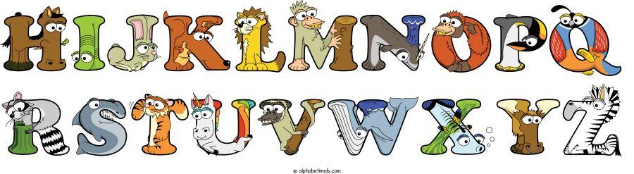 Hijklmnopq Rstuvwxyz animal word art spelling Hijklmnopq Rstuvwxyz with Alphabetimals - cartoon alphabet animals