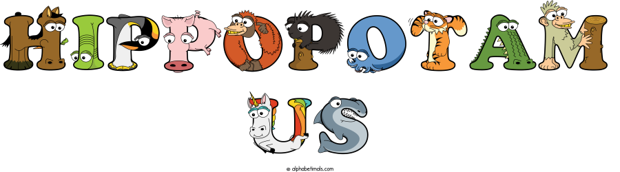Hippopotam Us animal word art spelling Hippopotam Us with Alphabetimals - cartoon alphabet animals
