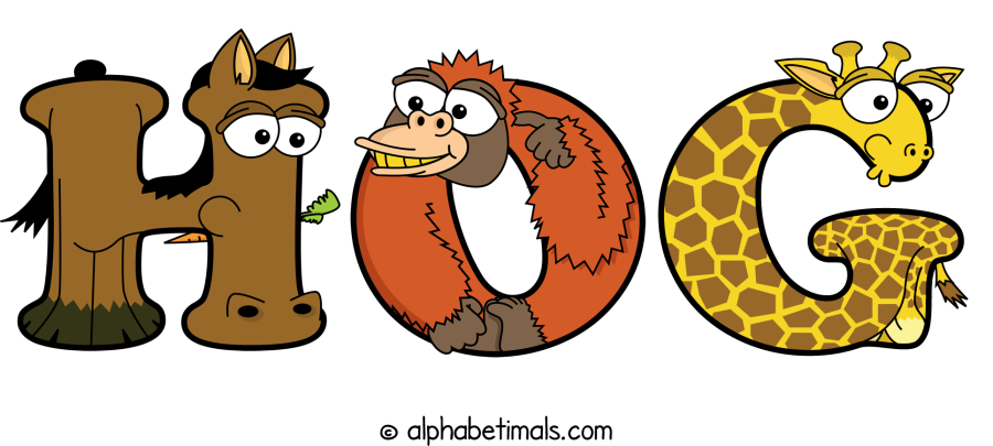 Hog animal word art spelling Hog with Alphabetimals - cartoon alphabet animals