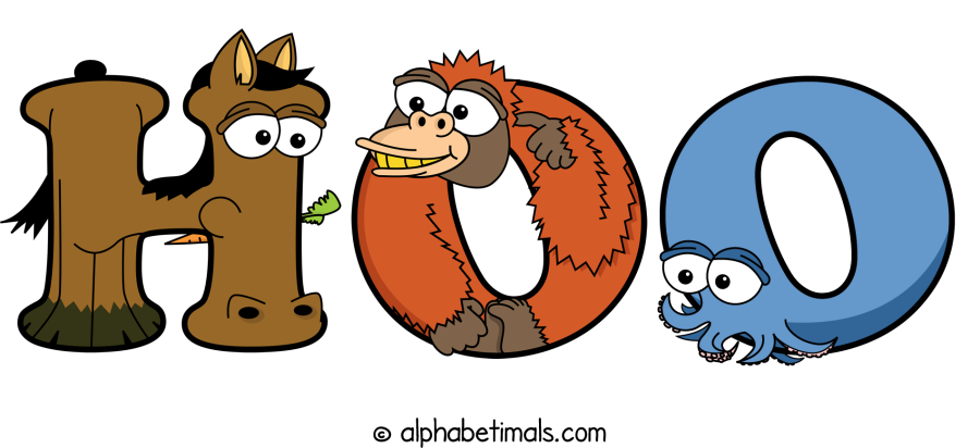 Hoo animal word art spelling Hoo with Alphabetimals - cartoon alphabet animals