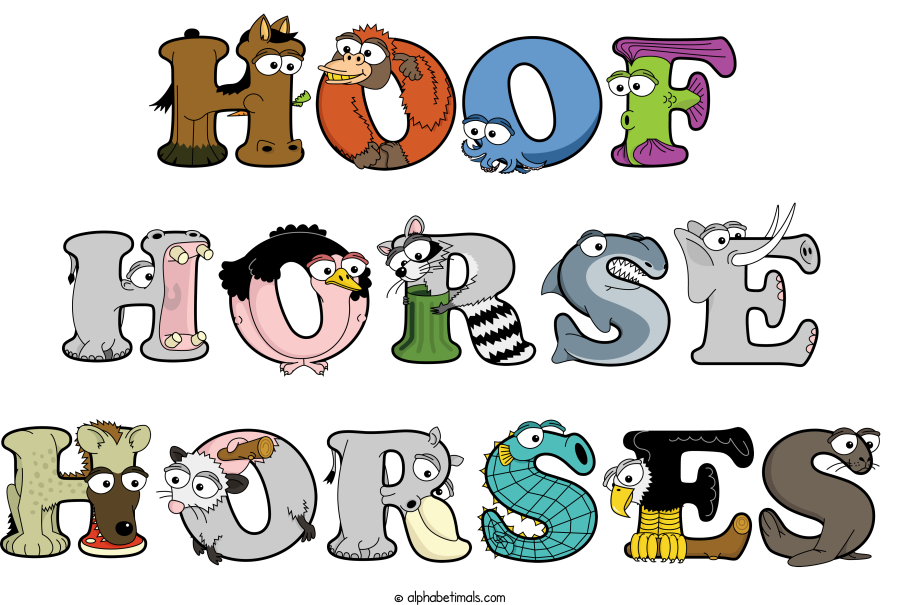 Hoof Horse Horses animal word art spelling Hoof Horse Horses with Alphabetimals - cartoon alphabet animals
