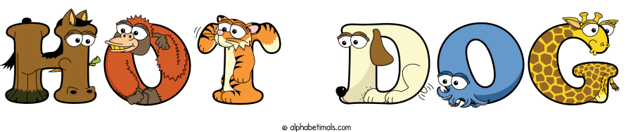 Hot Dog animal word art spelling Hot Dog with Alphabetimals - cartoon alphabet animals