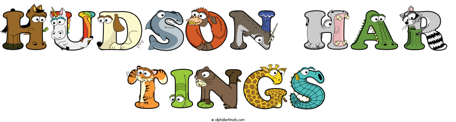 Hudson Har Tings animal word art spelling Hudson Har Tings with Alphabetimals - cartoon alphabet animals