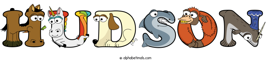 Hudson animal word art spelling Hudson with Alphabetimals - cartoon alphabet animals