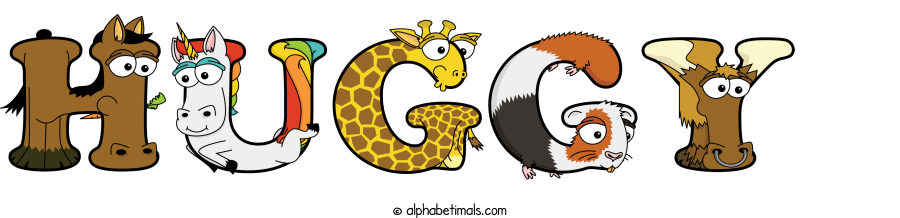 Huggy animal word art spelling Huggy with Alphabetimals - cartoon alphabet animals