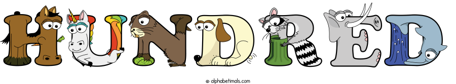 Hundred animal word art spelling Hundred with Alphabetimals cartoon alphabet animals