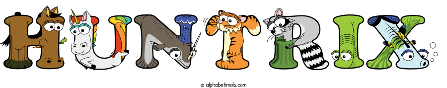 Huntrix animal word art spelling Huntrix with Alphabetimals - cartoon alphabet animals