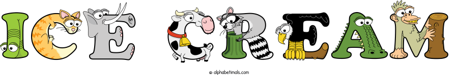 Ice Cream animal word art spelling Ice Cream with Alphabetimals - cartoon alphabet animals