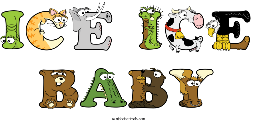 Ice Ice Baby animal word art spelling Ice Ice Baby with Alphabetimals - cartoon alphabet animals