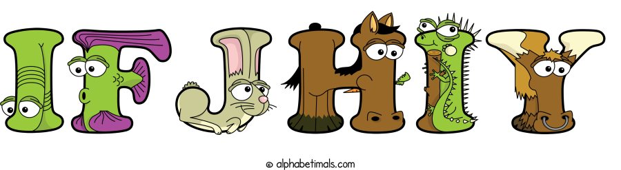 Ifjhiy animal word art spelling Ifjhiy with Alphabetimals - cartoon alphabet animals