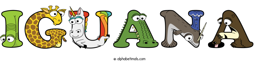 Iguana animal word art spelling Iguana with Alphabetimals - cartoon alphabet animals