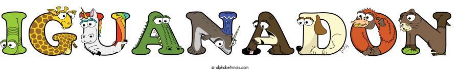 Iguanadon animal word art spelling Iguanadon with Alphabetimals - cartoon alphabet animals