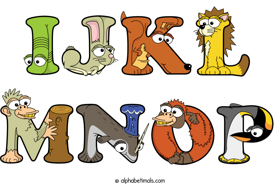 Ijkl Mnop animal word art spelling Ijkl Mnop with Alphabetimals - cartoon alphabet animals