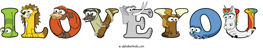 Iloveyou animal word art spelling Iloveyou with Alphabetimals - cartoon alphabet animals