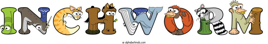 Inchworm animal word art spelling Inchworm with Alphabetimals - cartoon alphabet animals