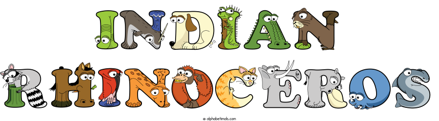 Indian Rhinoceros animal word art spelling Indian Rhinoceros with Alphabetimals - cartoon alphabet animals