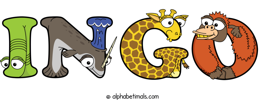 Ingo animal word art spelling Ingo with Alphabetimals - cartoon alphabet animals