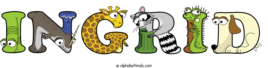 Ingrid animal word art spelling Ingrid with Alphabetimals - cartoon alphabet animals