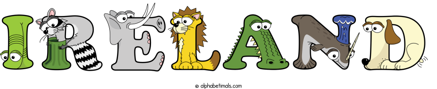 Ireland animal word art spelling Ireland with Alphabetimals - cartoon alphabet animals