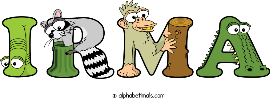 Irma animal word art spelling Irma with Alphabetimals - cartoon alphabet animals