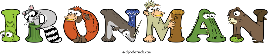 Ironman animal word art spelling Ironman with Alphabetimals - cartoon alphabet animals