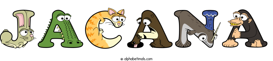 Jacana animal word art spelling Jacana with Alphabetimals - cartoon alphabet animals
