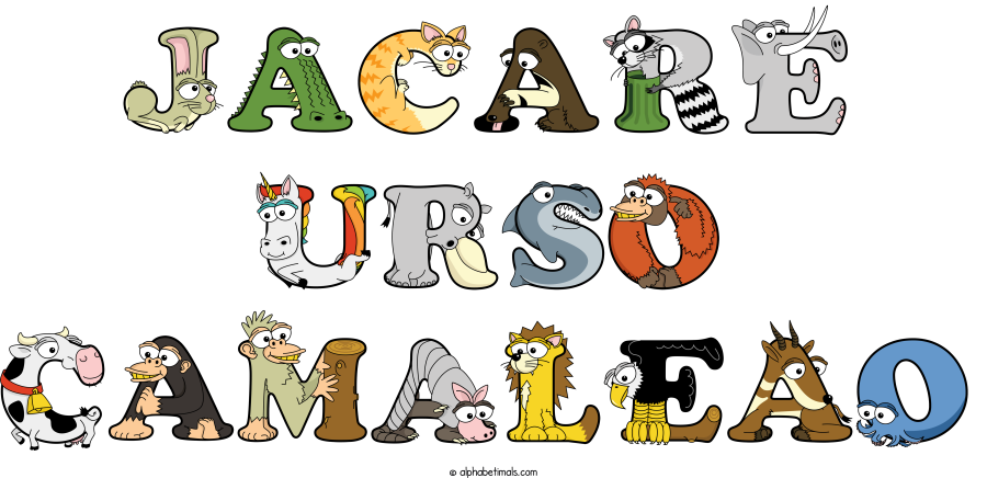 Jacare Urso Camaleao animal word art spelling Jacare Urso Camaleao with Alphabetimals - cartoon alphabet animals