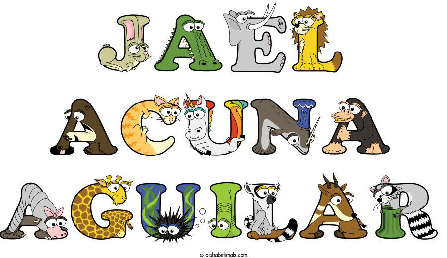 Jael Acuna Aguilar animal word art spelling Jael Acuna Aguilar with Alphabetimals - cartoon alphabet animals