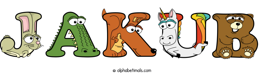 Jakub animal word art spelling Jakub with Alphabetimals - cartoon alphabet animals
