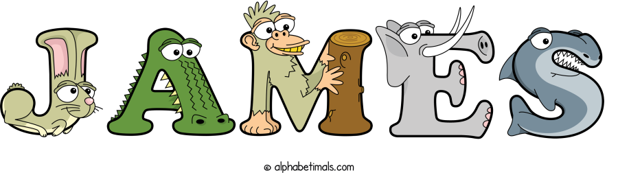 James animal word art spelling James with Alphabetimals - cartoon alphabet animals