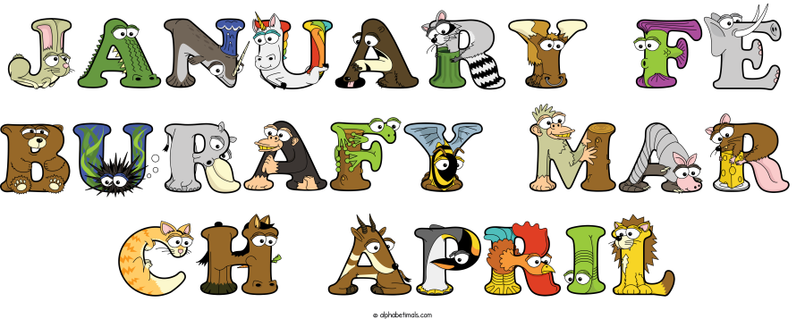 January Fe Burafy Mar Ch April animal word art spelling January Fe Burafy Mar Ch April with Alphabetimals - cartoon alphabet animals