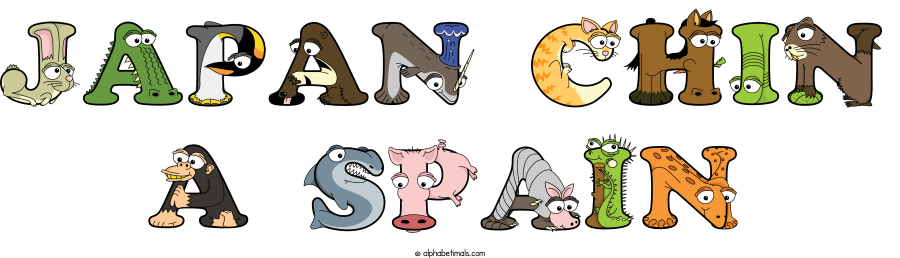 Japan Chin A Spain animal word art spelling Japan Chin A Spain with Alphabetimals - cartoon alphabet animals