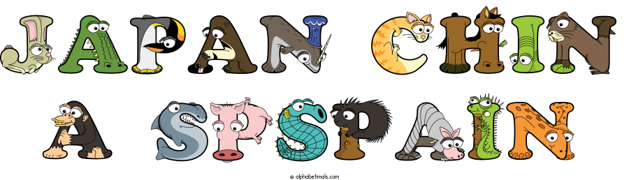 Japan Chin A Spspain animal word art spelling Japan Chin A Spspain with Alphabetimals - cartoon alphabet animals