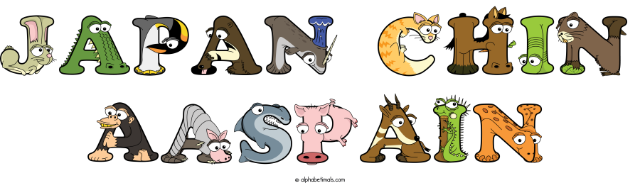 Japan Chin Aaspain animal word art spelling Japan Chin Aaspain with Alphabetimals - cartoon alphabet animals