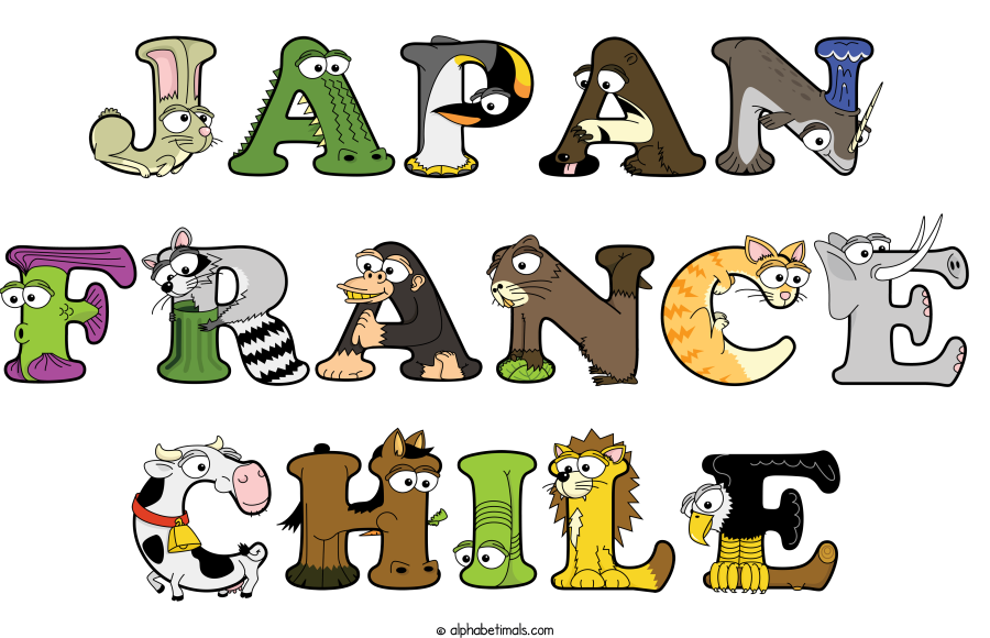 Japan France Chile animal word art spelling Japan France Chile with Alphabetimals - cartoon alphabet animals