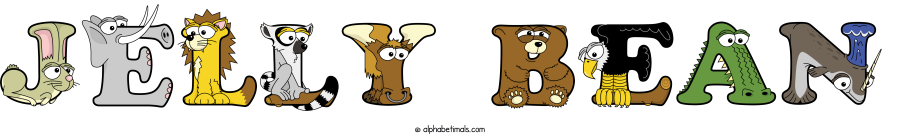 Jelly Bean animal word art spelling Jelly Bean with Alphabetimals - cartoon alphabet animals