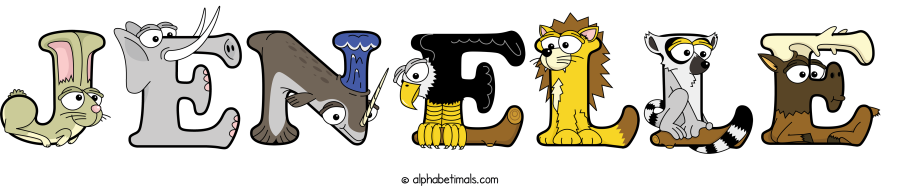 Jenelle animal word art spelling Jenelle with Alphabetimals - cartoon alphabet animals
