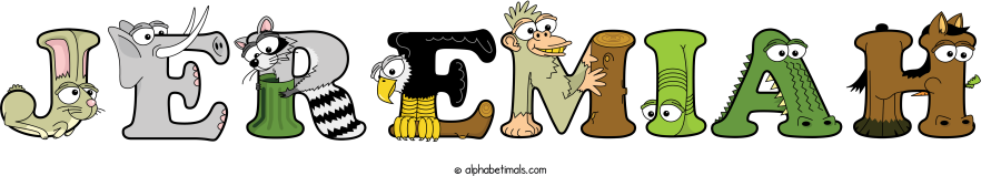 Jeremiah animal word art spelling Jeremiah with Alphabetimals - cartoon alphabet animals