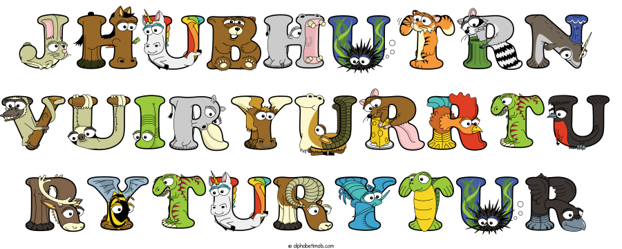 Jhubhutrn Vuiryurrtu Ryturytur animal word art spelling Jhubhutrn Vuiryurrtu Ryturytur with Alphabetimals - cartoon alphabet animals