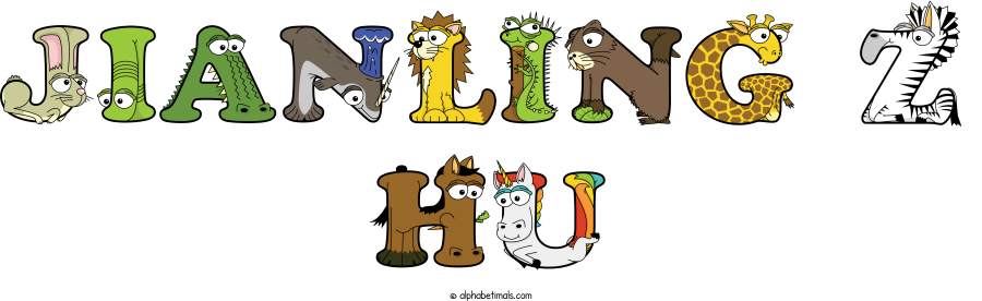 Jianling Z Hu animal word art spelling Jianling Z Hu with Alphabetimals - cartoon alphabet animals