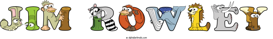 Jim Rowley animal word art spelling Jim Rowley with Alphabetimals - cartoon alphabet animals