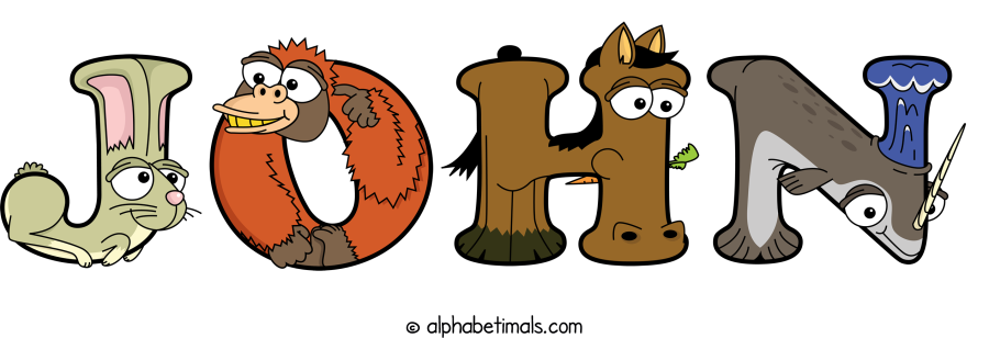John animal word art spelling John with Alphabetimals - cartoon alphabet animals