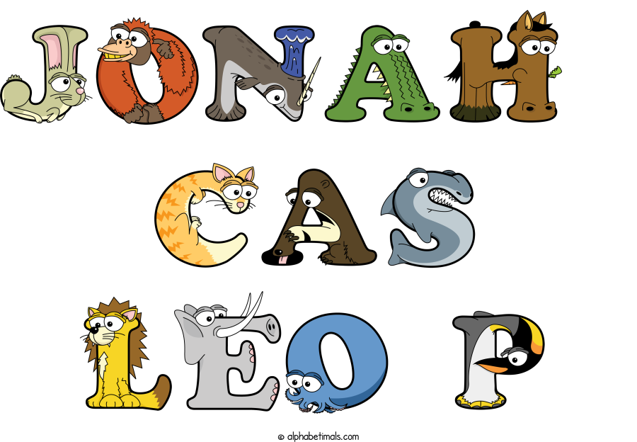 Jonah  Cas Leo P animal word art spelling Jonah  Cas Leo P with Alphabetimals - cartoon alphabet animals