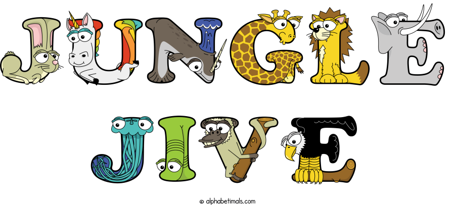 Jungle Jive animal word art spelling Jungle Jive with Alphabetimals - cartoon alphabet animals