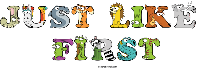 Just Like  First animal word art spelling Just Like  First with Alphabetimals - cartoon alphabet animals