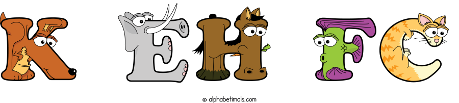 K Eh Fc animal word art spelling K Eh Fc with Alphabetimals - cartoon alphabet animals
